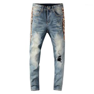 Jeans pour hommes Hommes Streetwear Skinny Hommes Côté Léopard Imprimé Patchwork Trous Ripped Slim Stretch Denim Pants1248A