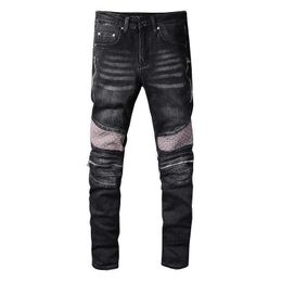 Heren jeans heren streetwear stretch jeans ritsen geplooide patchwork slanke mager potloodbroek zwarte taps toelopende motorrijders t221102