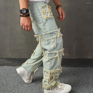 Jeans pour hommes hommes Streetwear élégant déchiré Patch pantalon ample mâle décontracté droit Denim pantalon haute rue jambe large jean