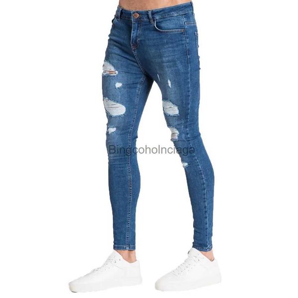 Jeans pour hommes Jeans déchirés extensibles pour hommes taille haute trou détruit pantalon ajusté en Denim ajusté pantalon rayé pour hommes L231003