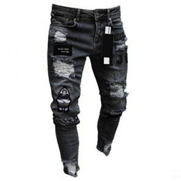 Heren jeans mannen stretchy gescheurde mager fietser borduurwerk cartoon print vernietigd gat slank fit denim hoge kwaliteit hiphop zwart 220922