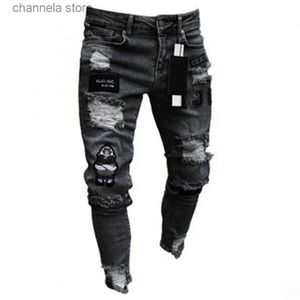 Jeans voor heren Rekbaar gescheurd skinny bikerborduurwerk Jeans met cartoonprint Vernietigd gat Slim fit denim Hoge kwaliteit hiphop zwarte jeans T240205