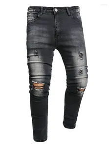 Jeans voor heren Heren Stretchy Ripped Skinny Biker Vernietigd gat Slim Fit Denim Scratched Motorbroek Grijs Distressed Streetwear