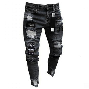 Jeans masculins hommes étendus de biker skinny arrogant jeans imprimé de dessins animés détruits à trous slim slim en jean noir hip hop de haute qualité 230418