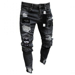 Jeans pour hommes Hommes Stretchy Ripped Skinny Biker Broderie Dessin Animé Imprimer Jeans Détruit Trou Slim Fit Denim Haute Qualité Hip Hop Jeans Noir 220827