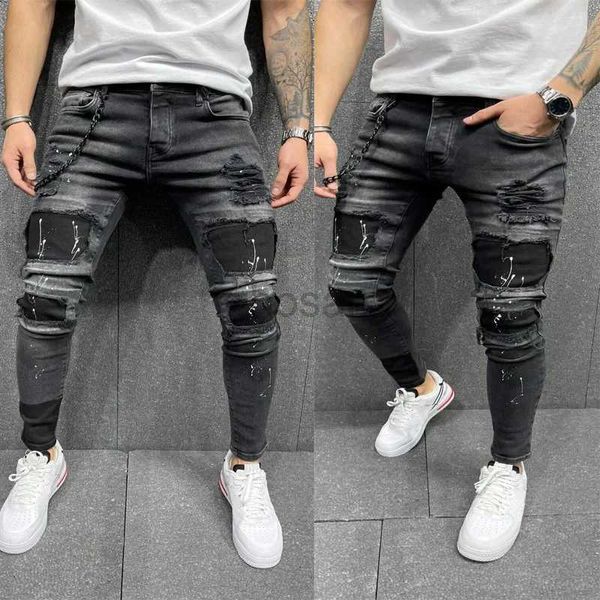 Jeans pour hommes hommes étendus de motard maigre déchiré le pied élastique détruit de trou de dim creux en denim rayé de haute qualité jean D240417