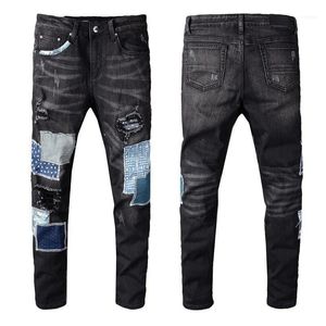 Heren jeans Mannen Stretchy Skinny Art Reparatie Patches Distressed Black Jeans1