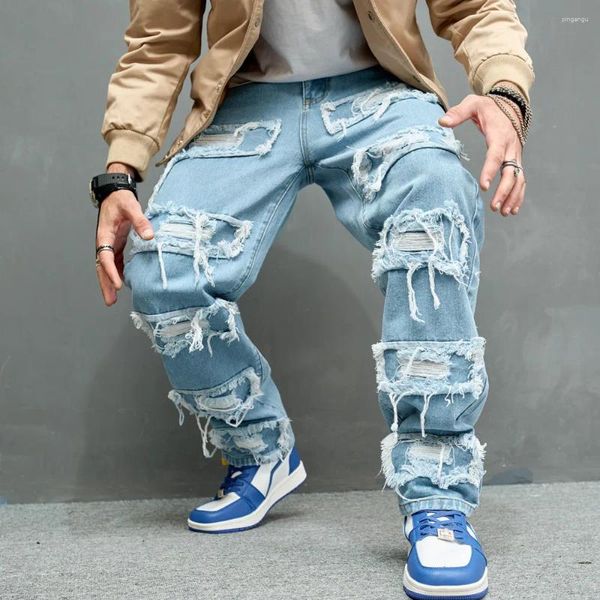 Jeans pour hommes hommes élégant motard pantalon streetwear hip hop déchiré patch épissé moto mâle décontracté lâche pantalon en denim droit