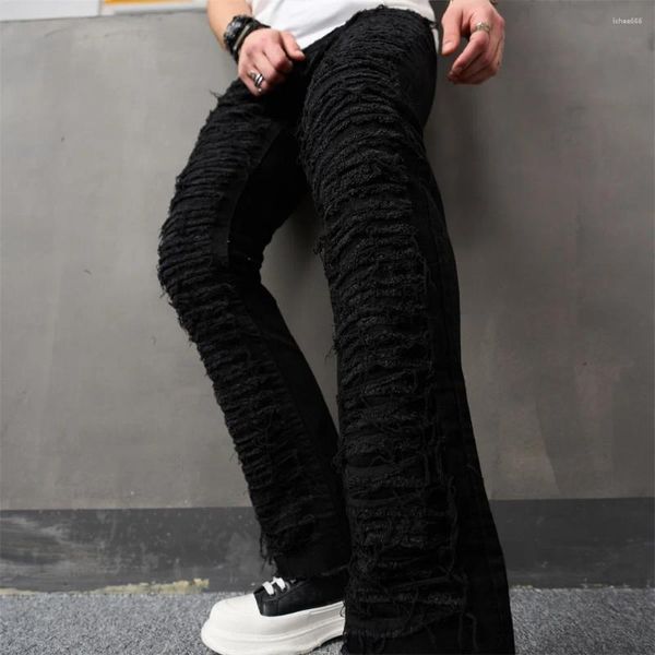 Jeans pour hommes hommes élégants empilés épissés en détresse pantalon de motard hiphop street mâle extensible pantalon en jean droit