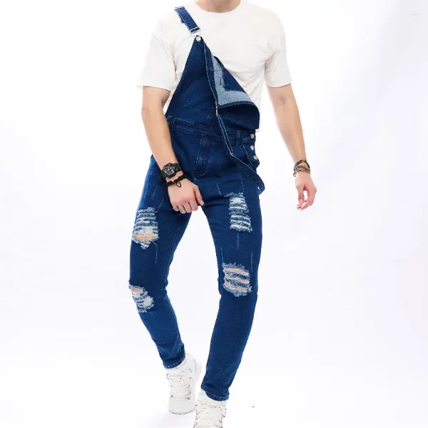 Jeans pour hommes Hommes Élégant Streetwear Ripped Slim Bib Salopette Combinaisons Pantalon Hip Hop Trous Mâle Moto Biker Sangle