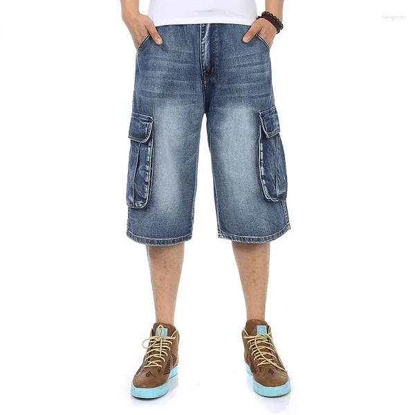 Jeans para hombres hombres pantalones cortos de mezclilla de verano múltiples bolsillos jean pantalones holgados de ternero 42 44 46