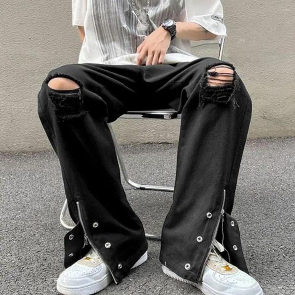 Jeans masculin Men Summer High Street Style avec des trous de la jambe large conception de la jambe de la jambe de pantalon en denim de couleur unie pour un