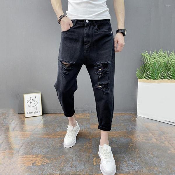 Hommes Jeans Hommes D'été Déchiré Trous Multi Poches Neuvième Pantalon Hip Hop Streetwear Denim Pantalon Homme Vêtements