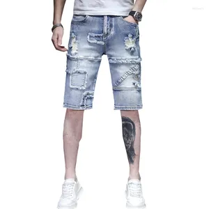 Jeans pour hommes hommes été slim fit bleu clair stretch mâle shorts genou longueur pantalon patchwork en détresse hip hop garçons streetwear