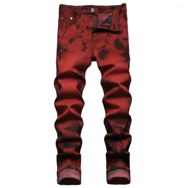 Jeans pour hommes Hommes Tie and Dye Stretch Denim Brick Red Slim Pantalon droit Pantalon Streetwear