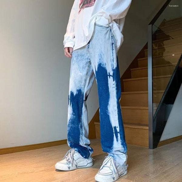 Hommes Jeans Hommes Tie-dye Gradient Contraste Couleur Bouton Fermeture High Street Hip Hop Droit Long Pantalon Pour Pantalones Hombre