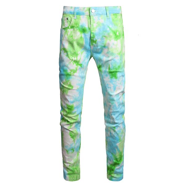 Jeans pour hommes hommes Tie Dye Stretch Denim Jeans Y2K vert bleu couleur peint pantalon Slim pantalon droit 230524