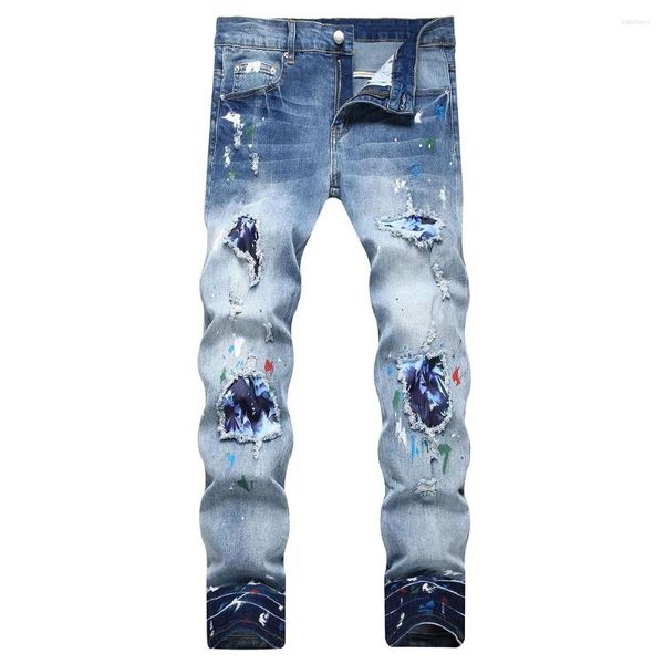 Jeans pour hommes Hommes Tie Dyed Patchs Stretch Denim Streetwear Slim Pantalon effilé Trous Ripped Pantalon bleu peint