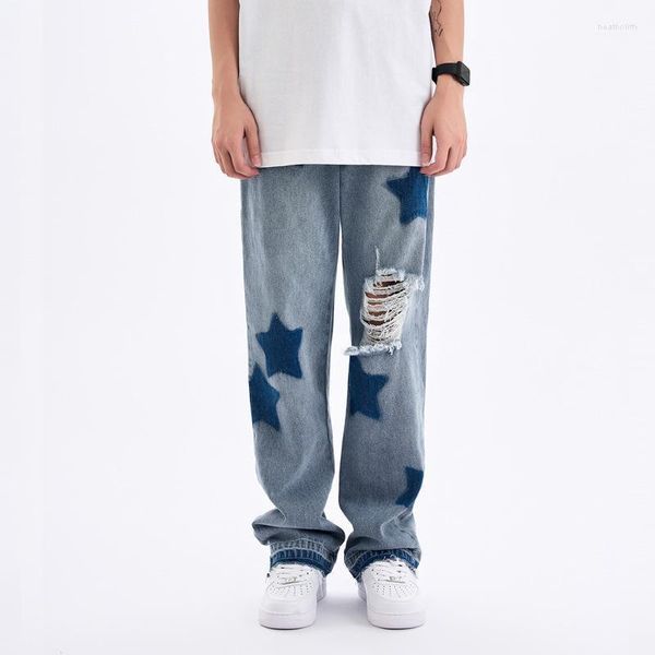 Pantalones vaqueros para hombre Tendencia rasgada Patrón de estrella de cinco puntas Pantalones rectos sueltos Ins Boyfriend Printed SoftenerMen's Heat22