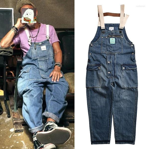 Pantalones vaqueros para hombre, lavado con agua para hacer tirantes azules viejos, mono de trabajo con múltiples bolsillos para trabajadores, pantalones