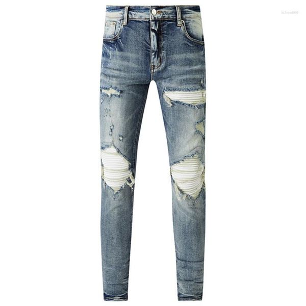 Jeans para hombres Hombres lavados Agujero desgastado Azul Retro Elástico Estiramiento Flaco Ajuste Ripped Denim Pantalones Hip Hop Pantalones parcheados Masculino