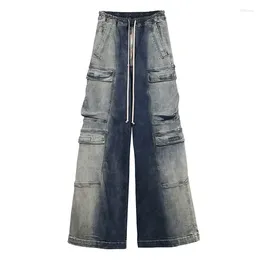 Jeans pour hommes Hommes lavés dégradé bleu grande poche droite décontractée cordon large jambe pantalon en denim évasé pour
