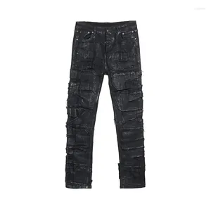 Jeans pour hommes hommes cire denim coton vêtements de sport enduit automne droite solide haute rue noir pantalons longs