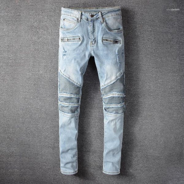 Jeans para hombres Hombres desgastados Pantalones de motocicleta de pie pequeño Azul claro Ripped Biker Streetwear Stretch Denim Lápiz Pantalones1