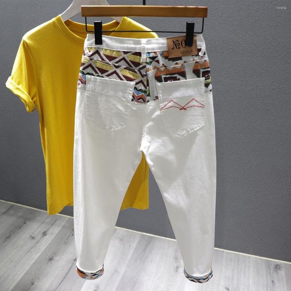 Jeans pour hommes hommes blanc Denim Slim Fit Stretch longue mode mâle épissage Patch pantalon qualité homme cheville-longueur