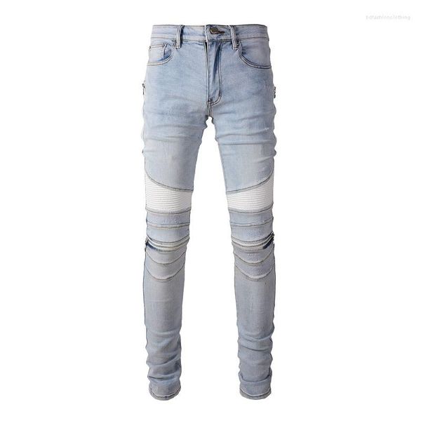 Jeans homme cuir blanc genou Patch motard Streetwear pantalon fuselé slim bleu clair fermetures éclair pantalon