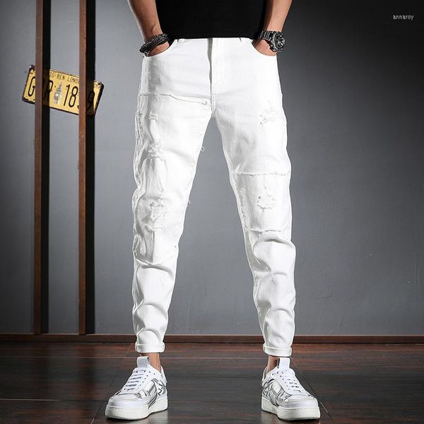 Jeans pour hommes hommes blanc été déchiré décontracté Slim Fit cheville longueur pantalon Streetwear coton Denim pantalon