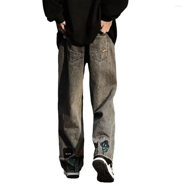 Jeans pour hommes Hommes Large Jambe Dessin animé Motif de broderie florale Pantalon en denim Élastique Taille moyenne Poches droites pleine longueur Pantalon long