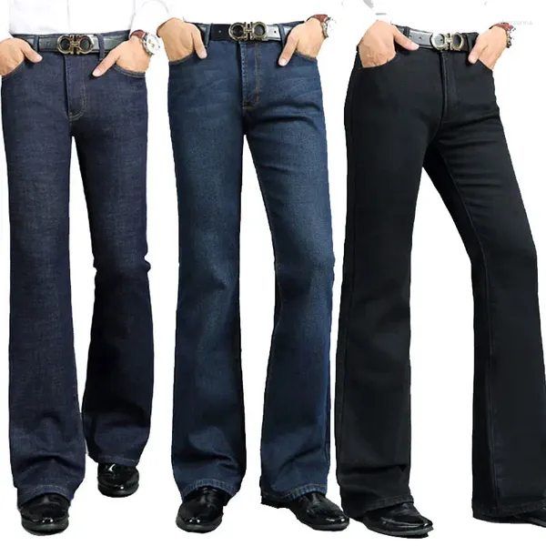 Jeans para hombres Hombres Invierno Grueso Cuernos Cálido Espesar Plus Terciopelo Flare Pantalones Micro Cuerno Estiramiento Color Negro Azul Oscuro