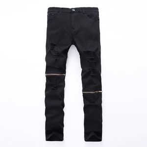 Heren jeans mannen met gaten denim super dunne beroemde designer merk rechte jean broek gekrast fietser