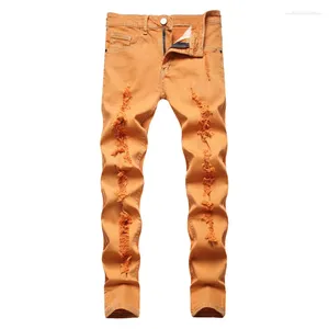 Jeans pour hommes Hommes Y2K Orange Stretch Denim Trous à la mode Pantalon déchiré Taille moyenne Pantalon de couleur fantaisie