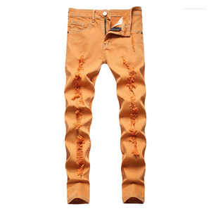 Jeans pour hommes Hommes Y2K Orange Stretch Denim Trous à la mode Pantalon déchiré Taille moyenne Pantalon de couleur fantaisie