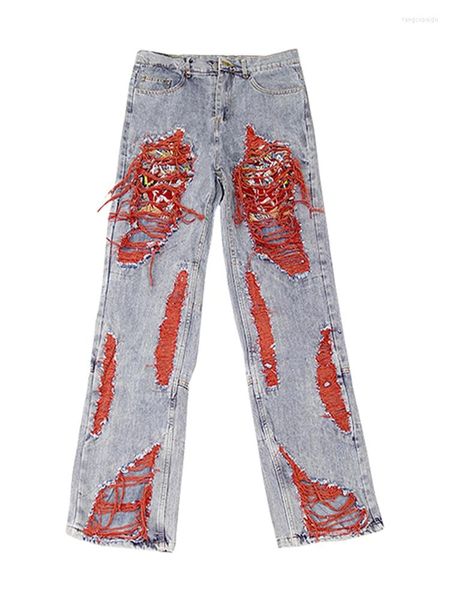 Jeans pour hommes hommes Y2K déchiré Patchwear pantalon en détresse Hip Hop Punk Goth rouge Denim pantalon mâle Vintage japonais Streetwear