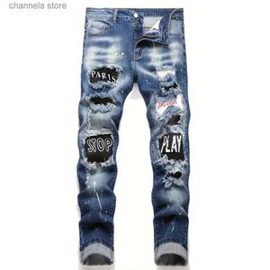 Jeans pour hommes Hommes y2k Jeans en denim extensible déchiré Skinny Lettre Imprimer taille élastique Pantalons décontractés pour hommes Trou Slim Fit Denim Hip Hop Pantalon T240227