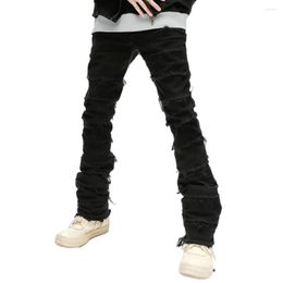 Heren jeans heren ritsknop mid-rise hiphop streetwear slank fit gescheurde denim broek met burr rand