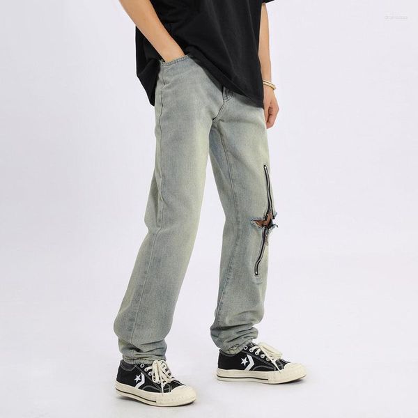 Pantalones vaqueros con cremallera para hombre, ropa de calle a la moda para primavera y otoño 2023, pantalones vaqueros rectos elásticos para hombre, pantalones casuales de Hip Hop