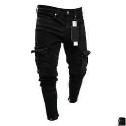 Hommes Jeans Hommes 2021Fashion Noir Jean Hommes Denim Skinny Biker Détruit Effiloché Slim Fit Poche Cargo Crayon Pantalon Plus La Taille S-3Xl F Dheqa