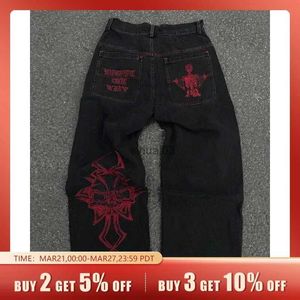 Jeans pour hommes Hommes 2024 Nouveau coton Mode Pleine tête de mort brodée Lâche Droite Casual Jeans Street Hip Hop Y2K Vintage PantsL2403