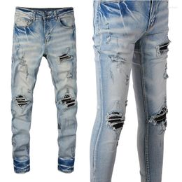 Jeans pour hommes # 848 cuir PU noir en détresse côtes Patchworks déchirés patchs minces bleu clair délavé Stretch taille 28-40