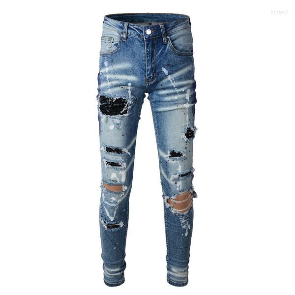 Jeans para hombres para hombre # A563 Piedras desgastadas Parches Pintura engrasada de cristal Hueco Out Slim Stretch Patch Trabajo Lavado Azul Denim W 28-40