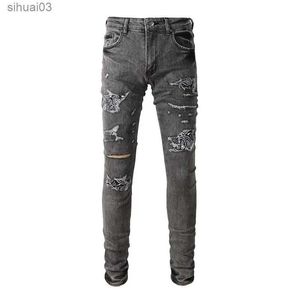 Jeans masculin mens bandana paisley patch imprimé jeans gris élastique élastique collant collants ajustés avec trousl2403 déchiré