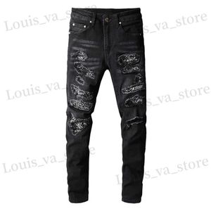 Jeans masculin Bandanna Paisley Patchwork Patchwork Stretch Stretch Strtwear Black Denim Pantal