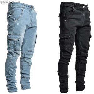 Jeans masculins pantalon de cargaison noir avec plusieurs poches denim pantalones bleu ultra-mince veste ajustée hombre mode veste de vêtements de rue décontractée 3xll2404