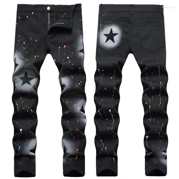 Jeans pour hommes Hommes Peinture de couleur noire Stretch High Street Star Imprimer Slim Élastique Skinny Denim Pantalon Crayon