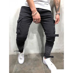 Jeans pour hommes Mens Black Denim Slim Fit Mâle Skinny Crayon Pantalon Pantalon Cargo Casual Avec Poches Sangles Drop Livraison Vêtements Clothi Dh5EK