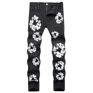 Heren jeans heren zwarte elastische jeans slank fit kleine ft mid taille casual denim broek kapok geprint rechte jeans broek t240507